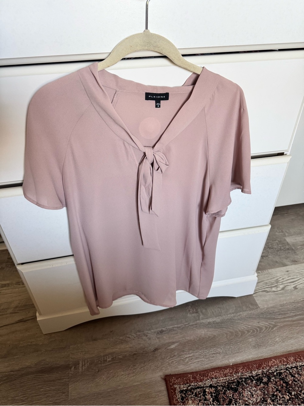 Pleione Dusty Rose Tie-Neck Short Sleeve Blouse